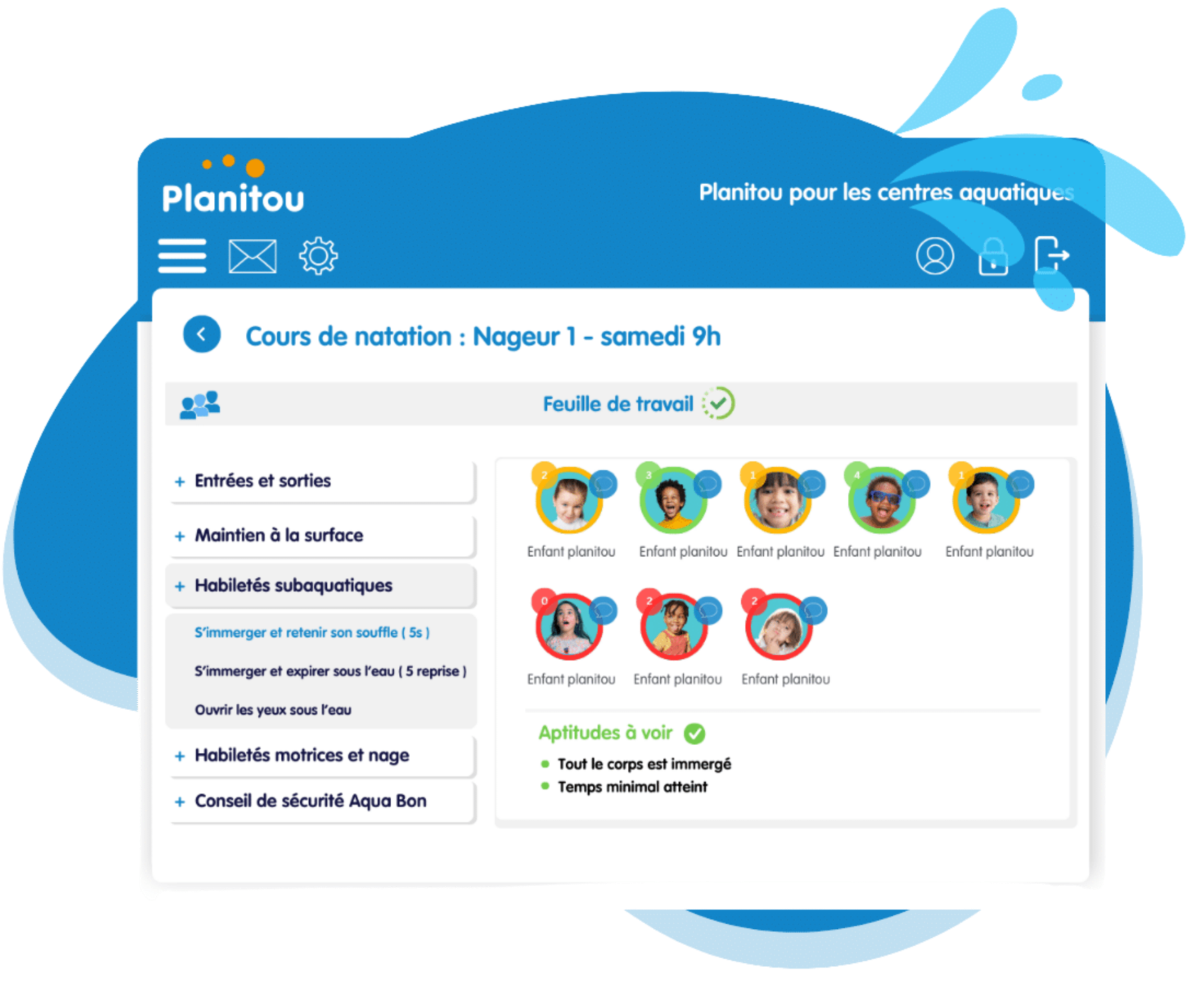 Preview of the Swimo lesson worksheet module: aquatic skills list and swimmer profiles.
