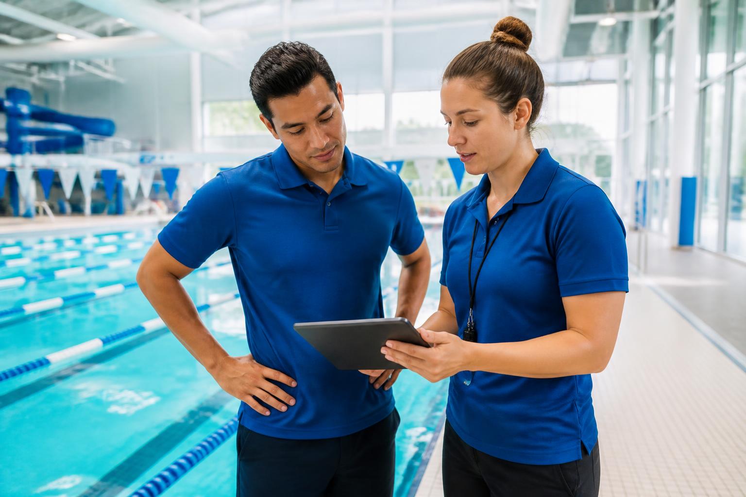Aquatic teams collaborating by the poolside